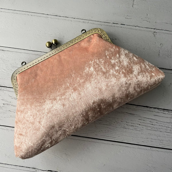 Light Peach Crushed Velvet 8 Inch Bronze Clasp Purse Frame Clutch Bag
