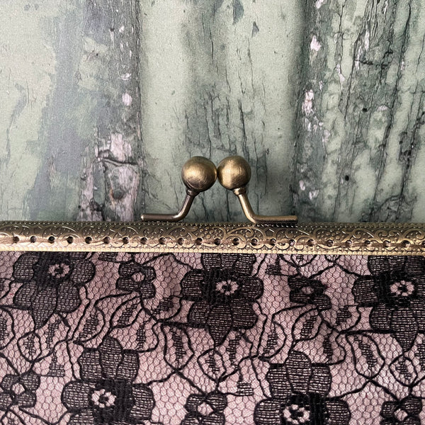 Champagne Satin and Black Floral Lace 5.5 Inch Clasp Purse Frame Clutch Bag