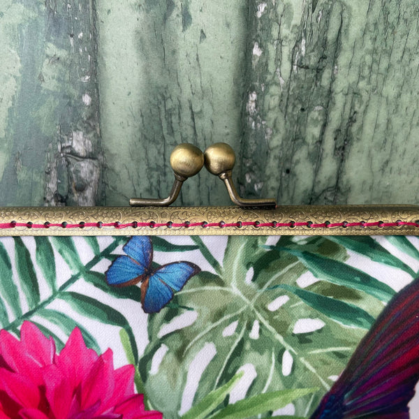 Tropical Hummingbird and Butterfly Satin 5.5 Inch Bronze Clasp Purse Frame Clutch Bag