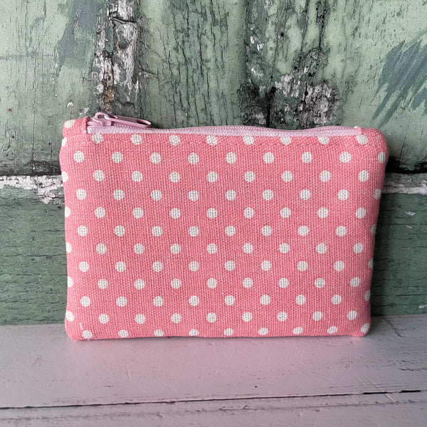 Pink and White Polka Dot Cotton Zip Coin Purse Pouch
