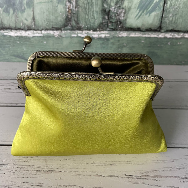 Lime Green Satin 5.5 Inch Clasp Purse Frame Clutch Bag