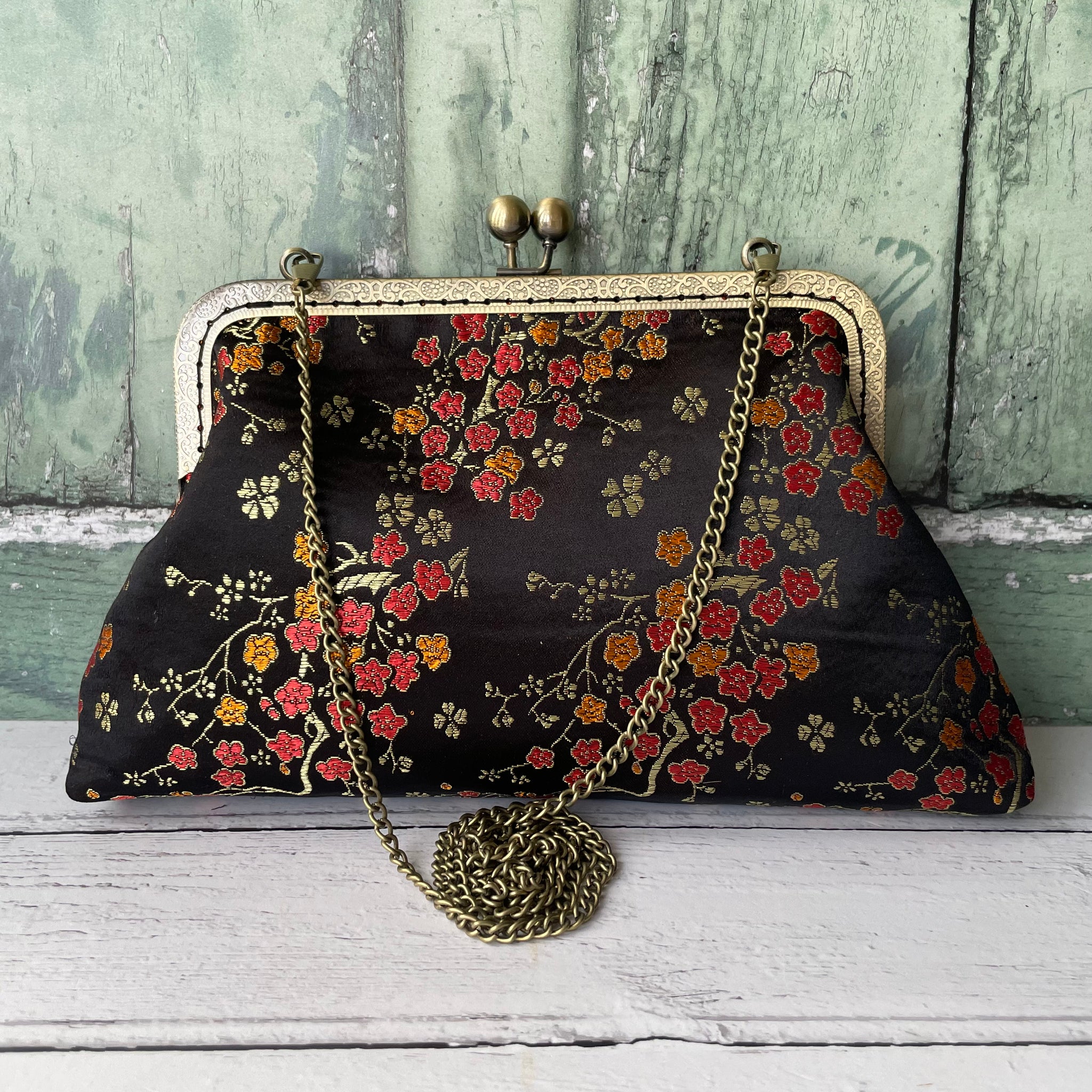 Black and Gold Blossom Floral Brocade 8 Sew-In Bronze Clasp Purse Frame Clutch Bag
