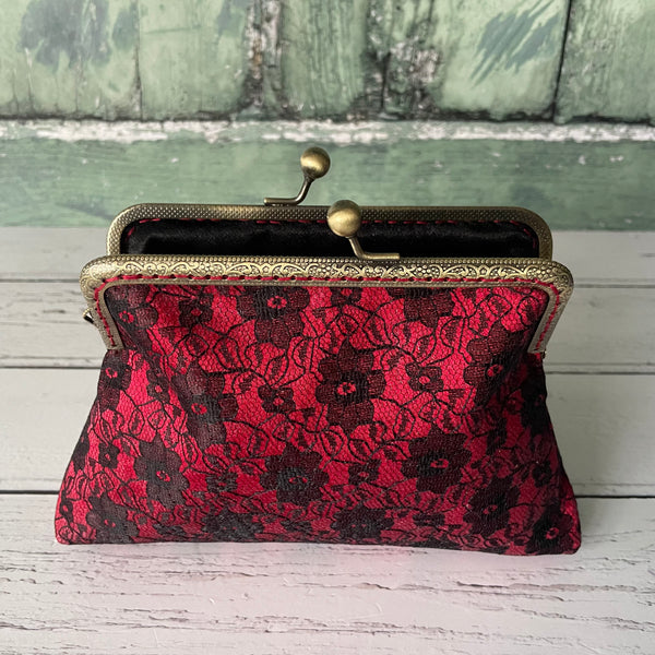 Red Satin and Black Floral Lace 5.5 Clasp Purse Frame Clutch Bag