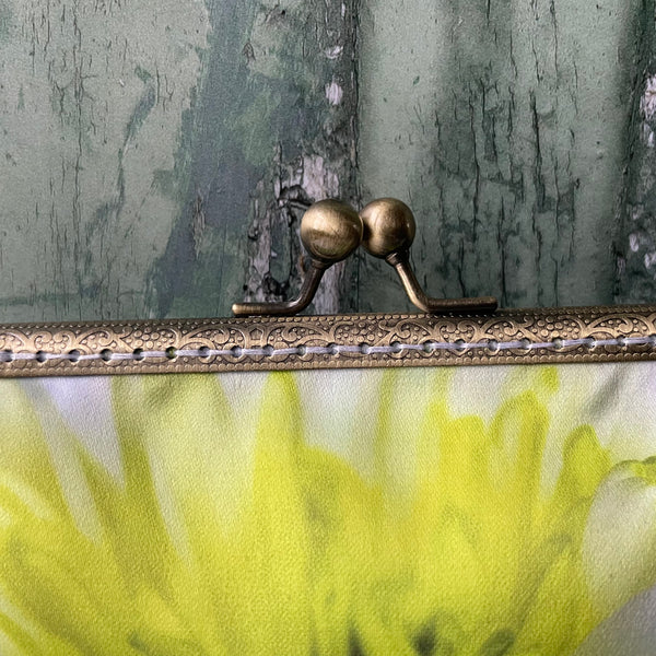 White Lime Chrysanthemum and Hummingbird Satin 5.5 Bronze Clasp Purse Frame Clutch Bag