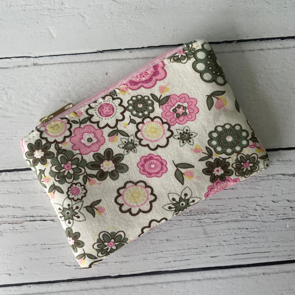 Retro Pink and Green Floral Cotton Coin Zipper Purse Pouch