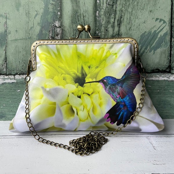White Lime Chrysanthemum and Hummingbird Satin 5.5 Bronze Clasp Purse Frame Clutch Bag