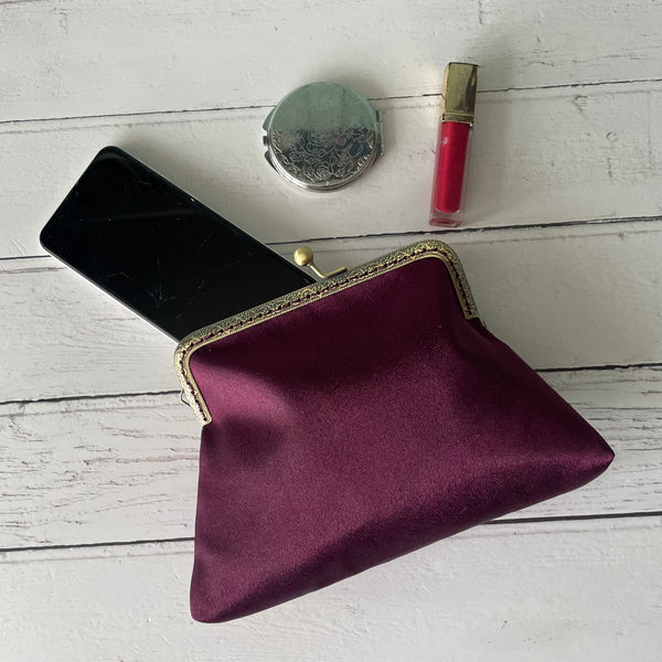 Aubergine Plum Satin 5.5 Clasp Purse Frame Clutch Bag