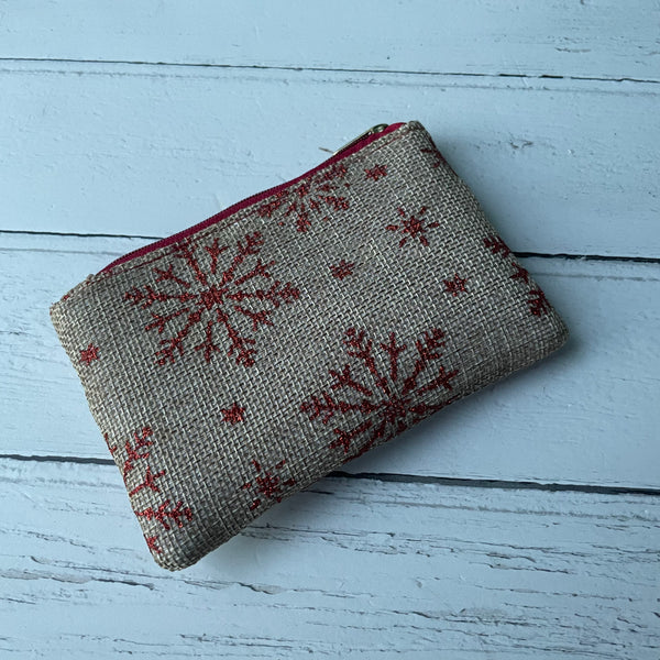Red Snowflakes Beige Cotton Zip Coin Purse Pouch