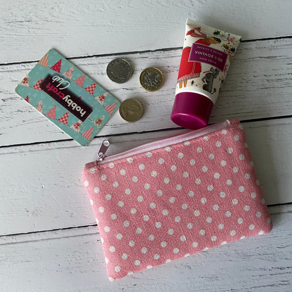 Pink and White Polka Dot Cotton Zip Coin Purse Pouch