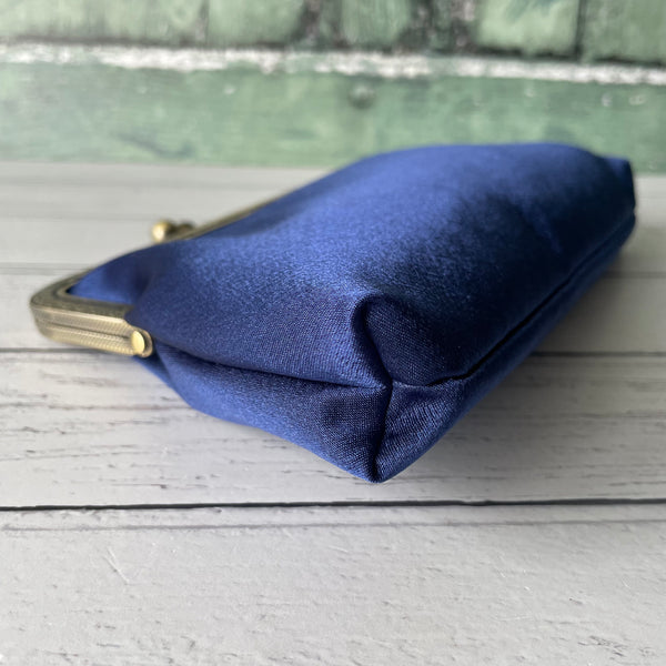 Navy Blue Satin 8 Inch Bronze Clasp Purse Frame Clutch Bag