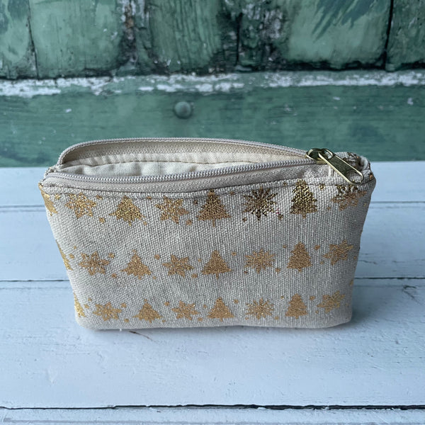 Gold Christmas Trees and Snowflakes Beige Cotton Zip Coin Purse Pouch