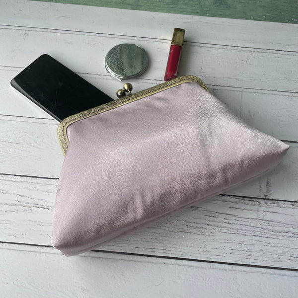 Pale Mauve Blush Satin 8 Inch Bronze Clasp Purse Frame Clutch Bag