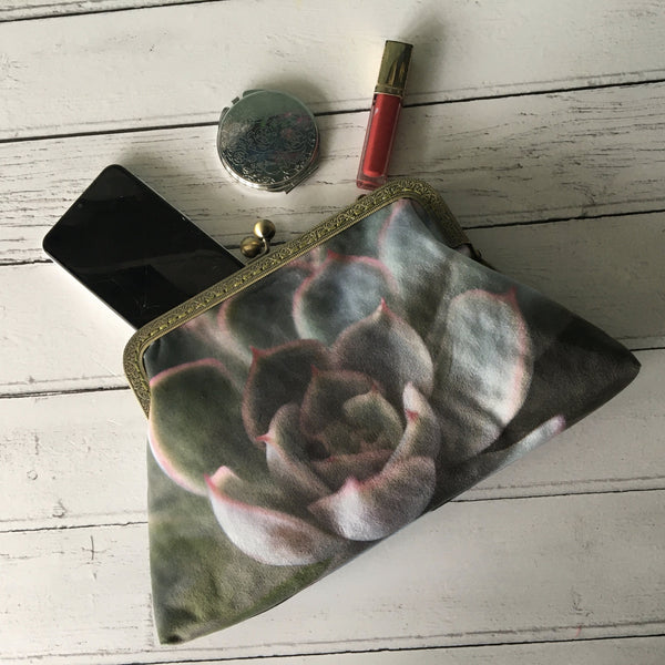 Green and Pink Echeveria Hercules Succulent Velvet 8 Inch Clasp Purse Frame Clutch Bag