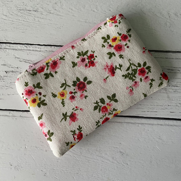 Red and Pink Roses Floral Cotton Zip Coin Purse Pouch