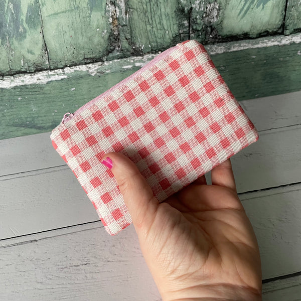 Pink and White Gingham Cotton Zip Coin Purse Pouch