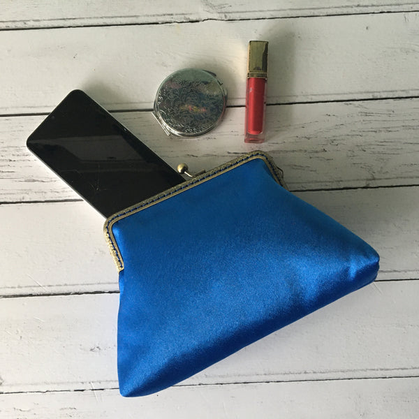 Royal Blue Satin 5.5 Inch Bronze Clasp Purse Frame Clutch Bag