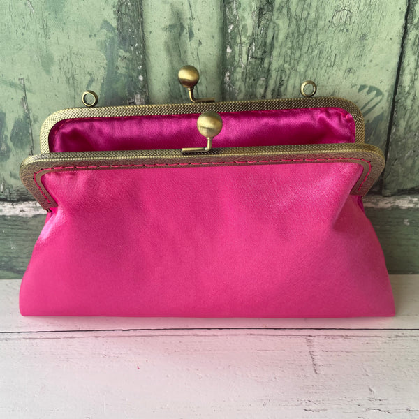 Hot Pink Satin 8 Inch Bronze Clasp Purse Frame Clutch Bag