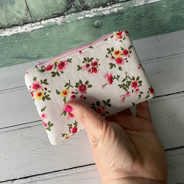 Red and Pink Roses Floral Cotton Zip Coin Purse Pouch