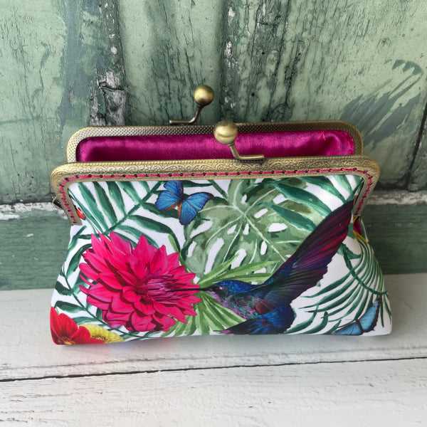 Tropical Hummingbird and Butterfly Satin 5.5 Inch Bronze Clasp Purse Frame Clutch Bag