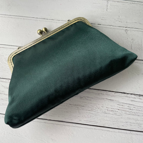 Dark Green Satin 8 Inch Bronze Clasp Purse Frame Clutch Bag