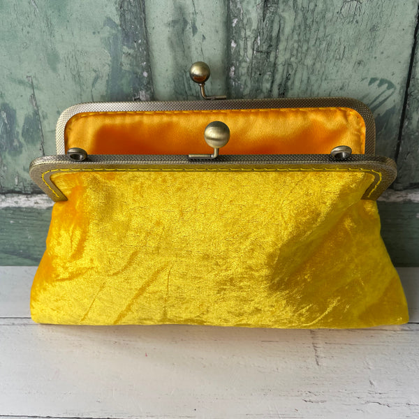 Sunflower Yellow Crushed Velvet 8 Inch Bronze Clasp Purse Frame Clutch Bag