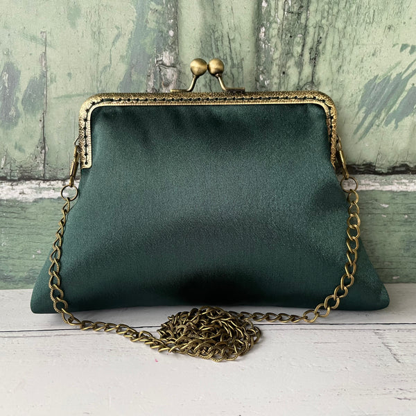 Dark Green Satin 5.5 Inch Clasp Purse Frame Clutch Bag