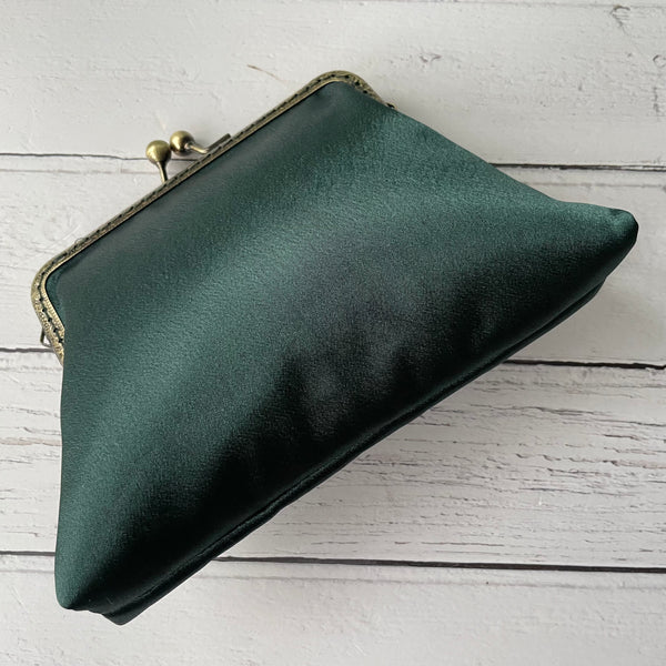 Dark Green Satin 5.5 Inch Clasp Purse Frame Clutch Bag