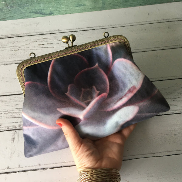 Echeveria Purple Pearl Succulent Velvet 8 Inch Clasp Purse Frame Clutch Bag
