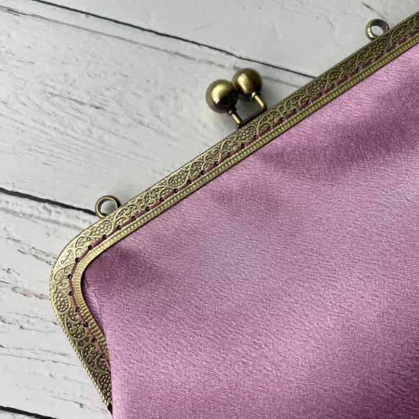 Antique Dusty Pink Satin 8 Inch Bronze Clasp Purse Frame Clutch Bag