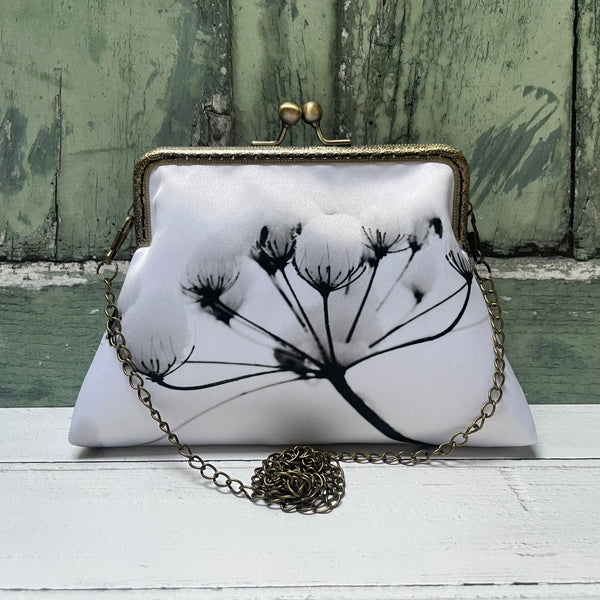 White Snowy Winter Flowers Floral Satin 5.5 Inch Bronze Clasp Purse Frame Clutch Bag