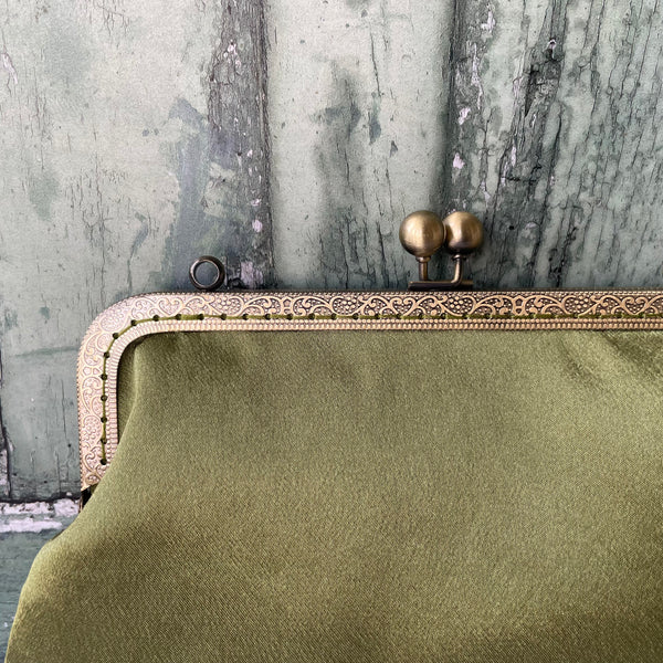 Olive Green Satin 8 Inch Bronze Clasp Purse Frame Clutch Bag