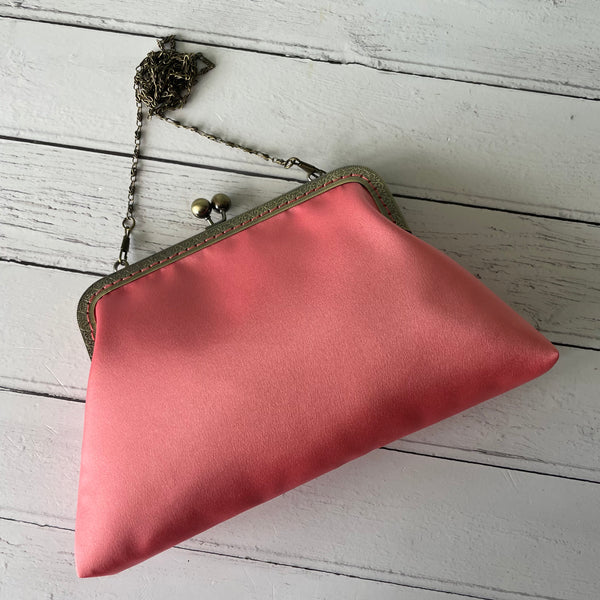 Coral Pink Satin 8 Sew-In Bronze Clasp Purse Frame Clutch Bag