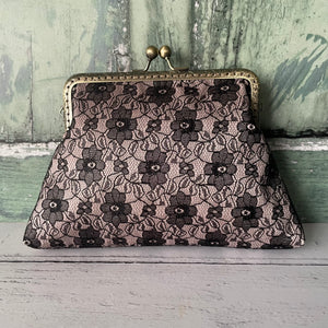Champagne Satin and Black Floral Lace 5.5 Inch Clasp Purse Frame Clutch Bag