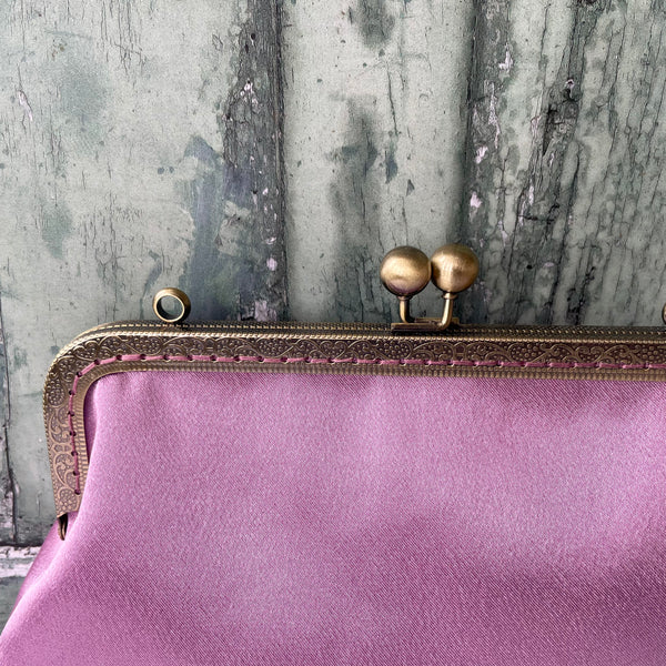 Antique Dusty Pink Satin 8 Inch Bronze Clasp Purse Frame Clutch Bag