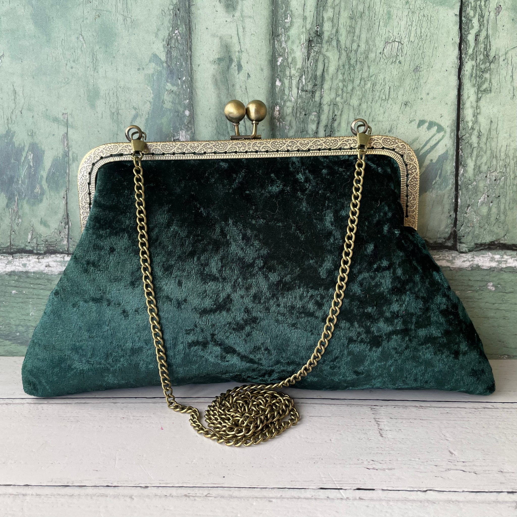 Dark Green Crushed Velvet 8 Inch Bronze Clasp Purse Frame Clutch Bag