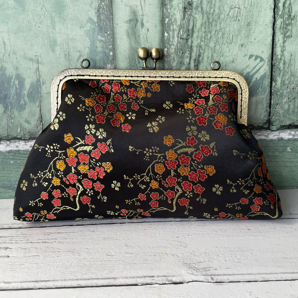 Black and Gold Blossom Floral Brocade 8 Sew-In Bronze Clasp Purse Frame Clutch Bag