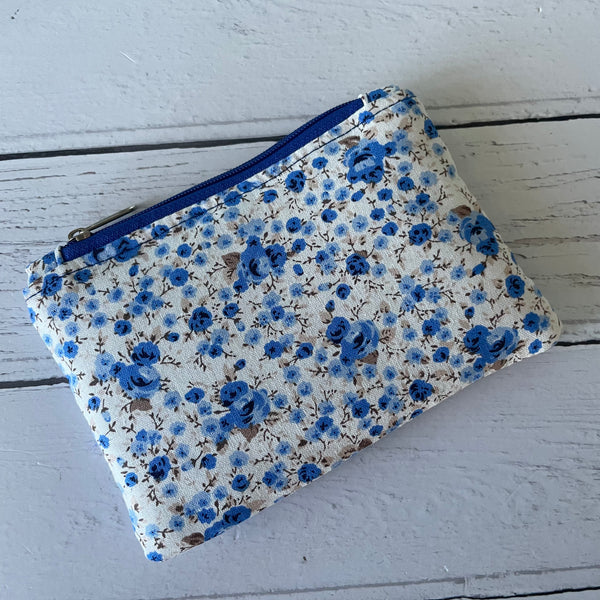 Blue Roses Ditzy Floral Cotton Coin Zipper Purse Pouch