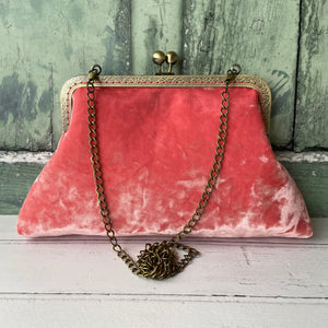 Coral Pink Crushed Ice Velvet 8 Inch Bronze Clasp Purse Frame Clutch Bag