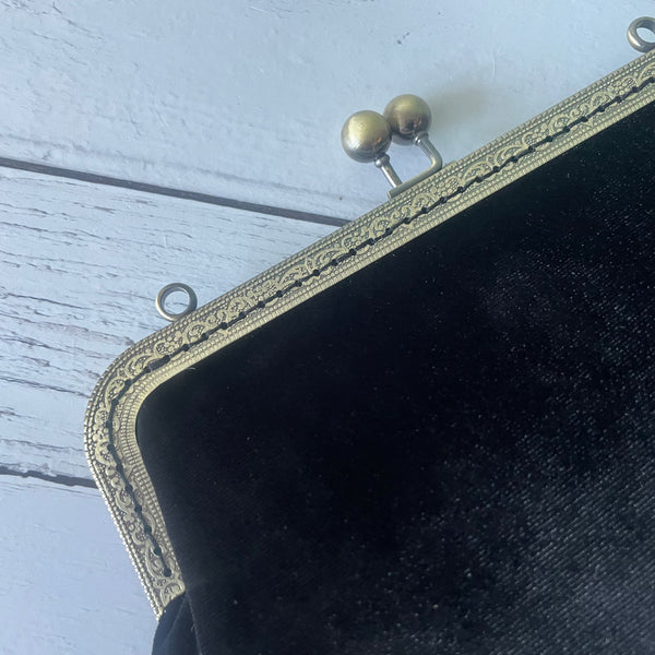 Black Velvet 8 Inch Bronze Clasp Purse Frame Clutch Bag