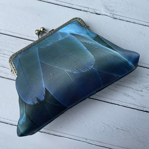 Blue Bird Feathers Satin 5.5 Clasp Purse Frame Clutch Bag