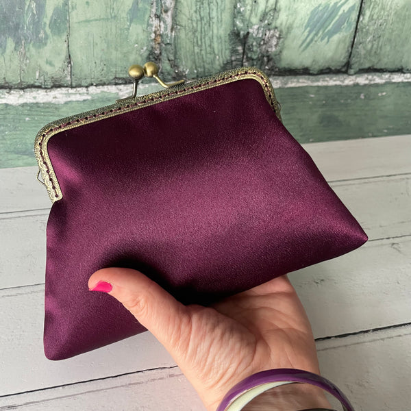 Aubergine Plum Satin 5.5 Clasp Purse Frame Clutch Bag