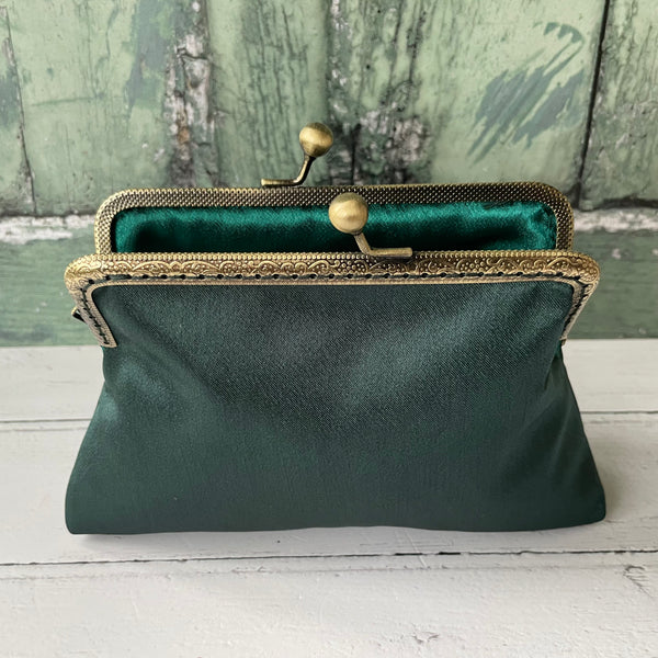 Dark Green Satin 5.5 Inch Clasp Purse Frame Clutch Bag