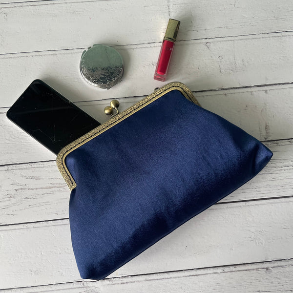 Navy Blue Satin 8 Inch Bronze Clasp Purse Frame Clutch Bag