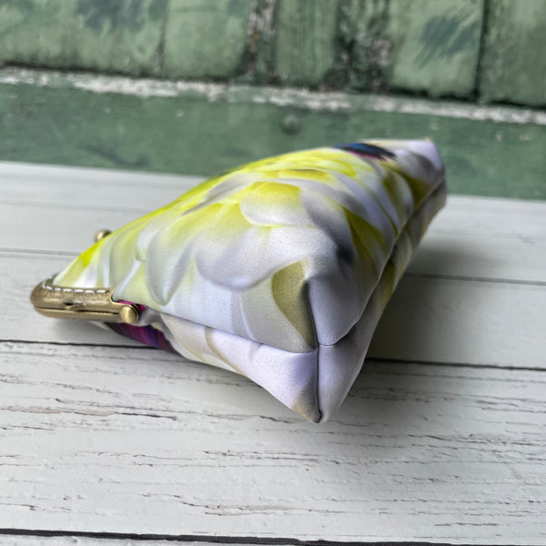 White Lime Chrysanthemum and Hummingbird Satin 5.5 Bronze Clasp Purse Frame Clutch Bag