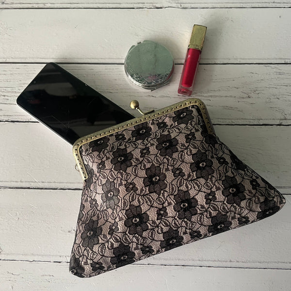 Champagne Satin and Black Floral Lace 5.5 Inch Clasp Purse Frame Clutch Bag