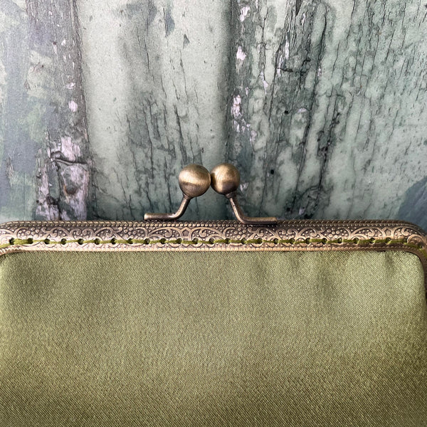 Olive Green Satin 5.5 Inch Clasp Purse Frame Clutch Bag