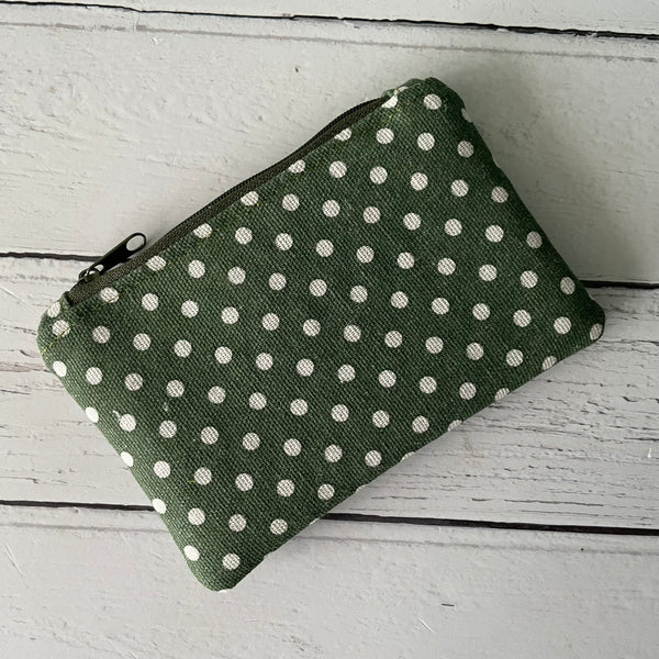 Green and White Polka Cotton Dot Zip Coin Purse Pouch