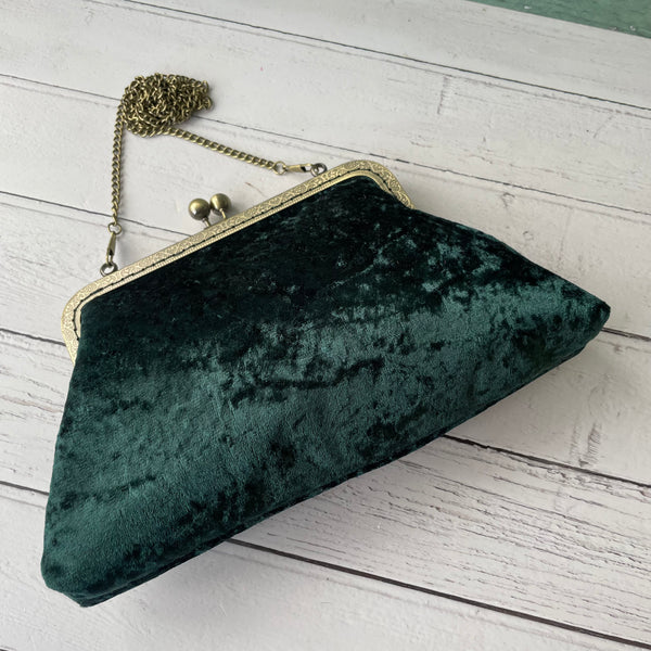 Dark Green Crushed Velvet 8 Inch Bronze Clasp Purse Frame Clutch Bag