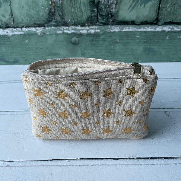 Gold Stars Beige Cotton Zip Coin Purse Pouch