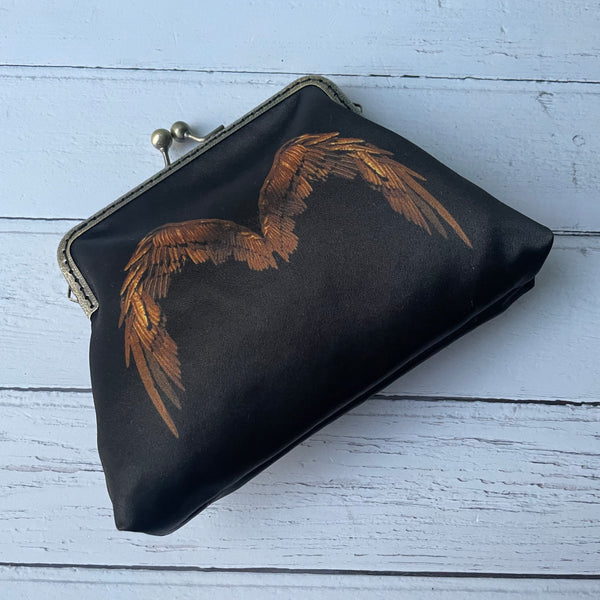 Black and Bronze Angel Wings Satin 5.5 Inch Clasp Purse Frame Clutch Bag